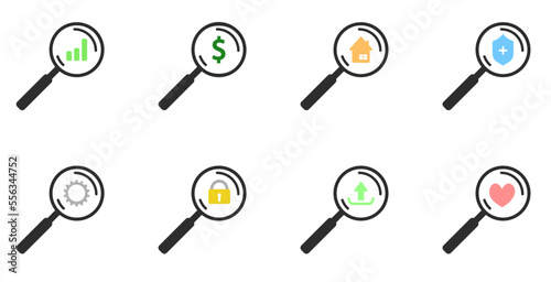 Eight magnifiers show a variety of icons. A blank for the website and design.