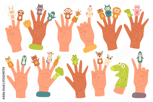 Puppets on fingers flat icons set. Cute tiger, owl, lion, shark and chicken toys controlled by fingers