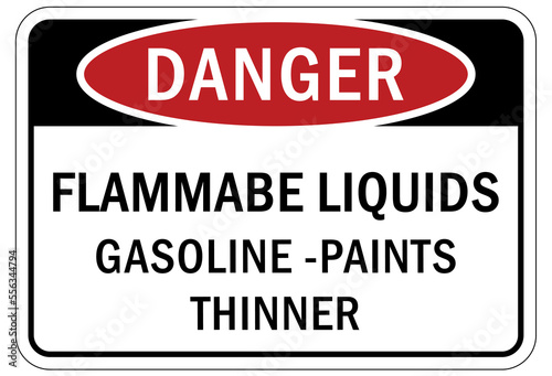 Fire hazard, flammable liquid sign and label gasoline paint thinner