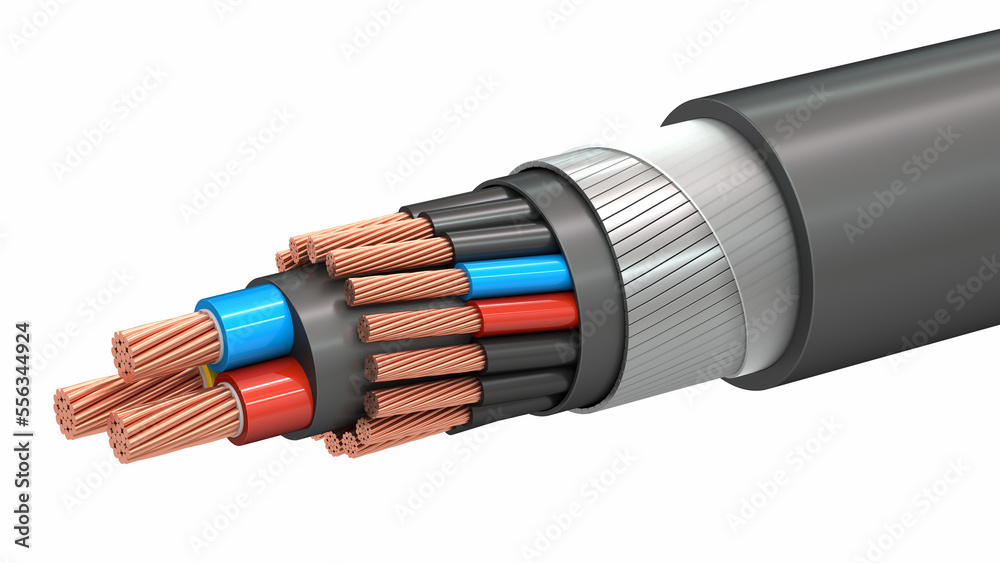 Structure of multi core shielded copper cable. Stripped electrical