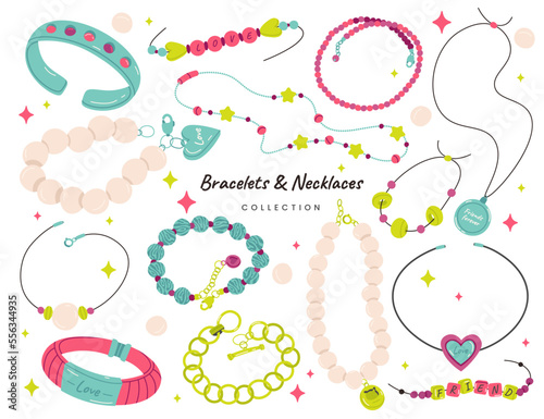 Bracelets and necklace flat icons set. Trendy golden chain, friend handmade wristband, cat collar and other accessories