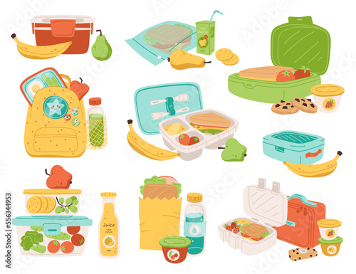 School lunch boxes flat icons set. Tasty snack for children. Pear, banana, grapes fruits, tasty sweet cookies