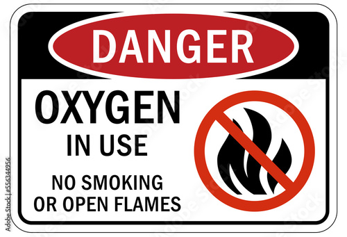 Fire hazard, flammable material oxygen sign and labels oxigen in use no smoking no open flame