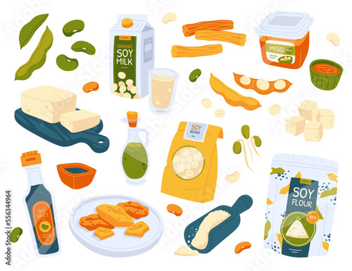 Soy food flat icons set