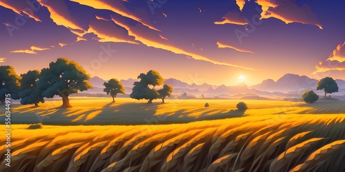 Rural Landscape with Wheat Field on Sunset Created With Generative AI Technology © Layla