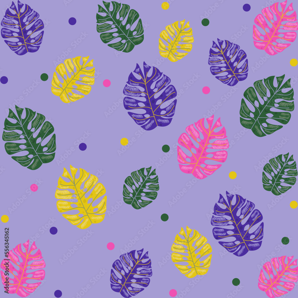 Summer colorful pattern with leaves and polka dot print