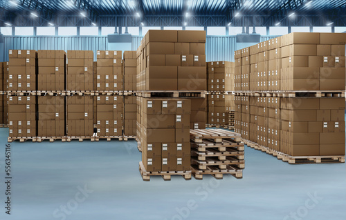 Warehouse with boxes. Palle...
