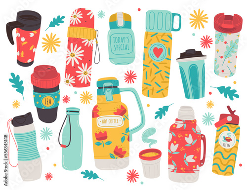 Thermoses flat icons set. Stainless steel vacuum insulated coffee and tea travel mug