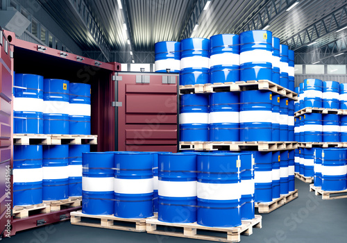 Storage of chemical products. Blue barrels on pallets. Plastic barrels near cargo container. Metal hangar with barrels. Products of chemical plant inside warehouse. Chemical industry. 3d image.