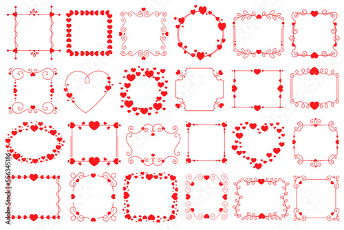 Frame with hearts flat icons set. Different shaped modern frames with small hearts. Cute imagine decor for wall