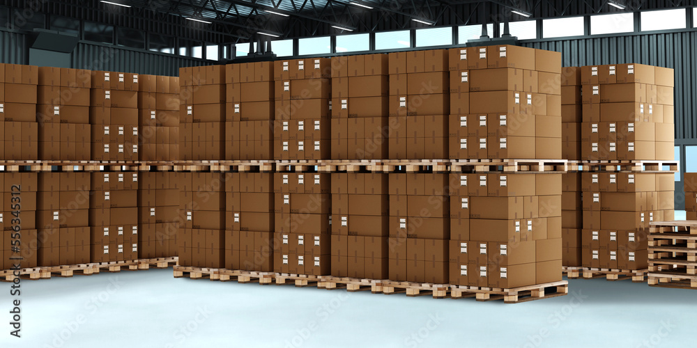 Boxes on pallets. Pallets with many boxes. Warehouse pallets with boxes in hangar. Logistics