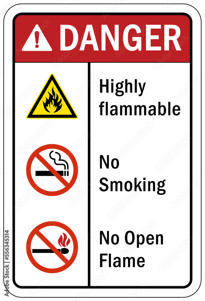 Fire hazard, flammable sign no smoking no matches no open flame Fire hazard, flammable sign no smoking no matches no open flame