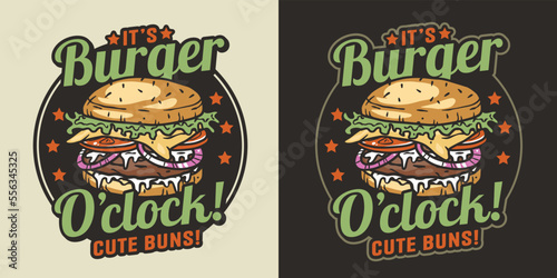 Burger logo food with meat, cheese and vegetable for emblem. American fast food or hamburger with bun, lettuce, cheese, tomato, onion, cutlet for poster or banner