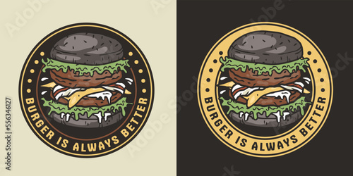 Black burger food print with meat, cheese and vegetable for logo or emblem. American fast food or hamburger with bun, lettuce, cheese, tomato, onion, cutlet for poster or banner