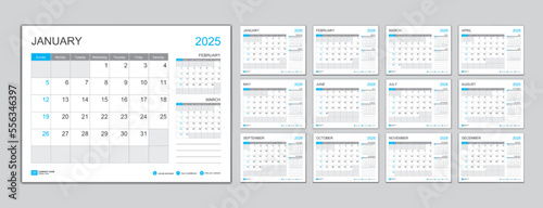 Monthly calendar template for 2025 year, Planner 2025 year, Week Starts on Sunday. Wall calendar in a minimalist style, desk calendar 2025 template, New Year Calendar Design, Business template Vector