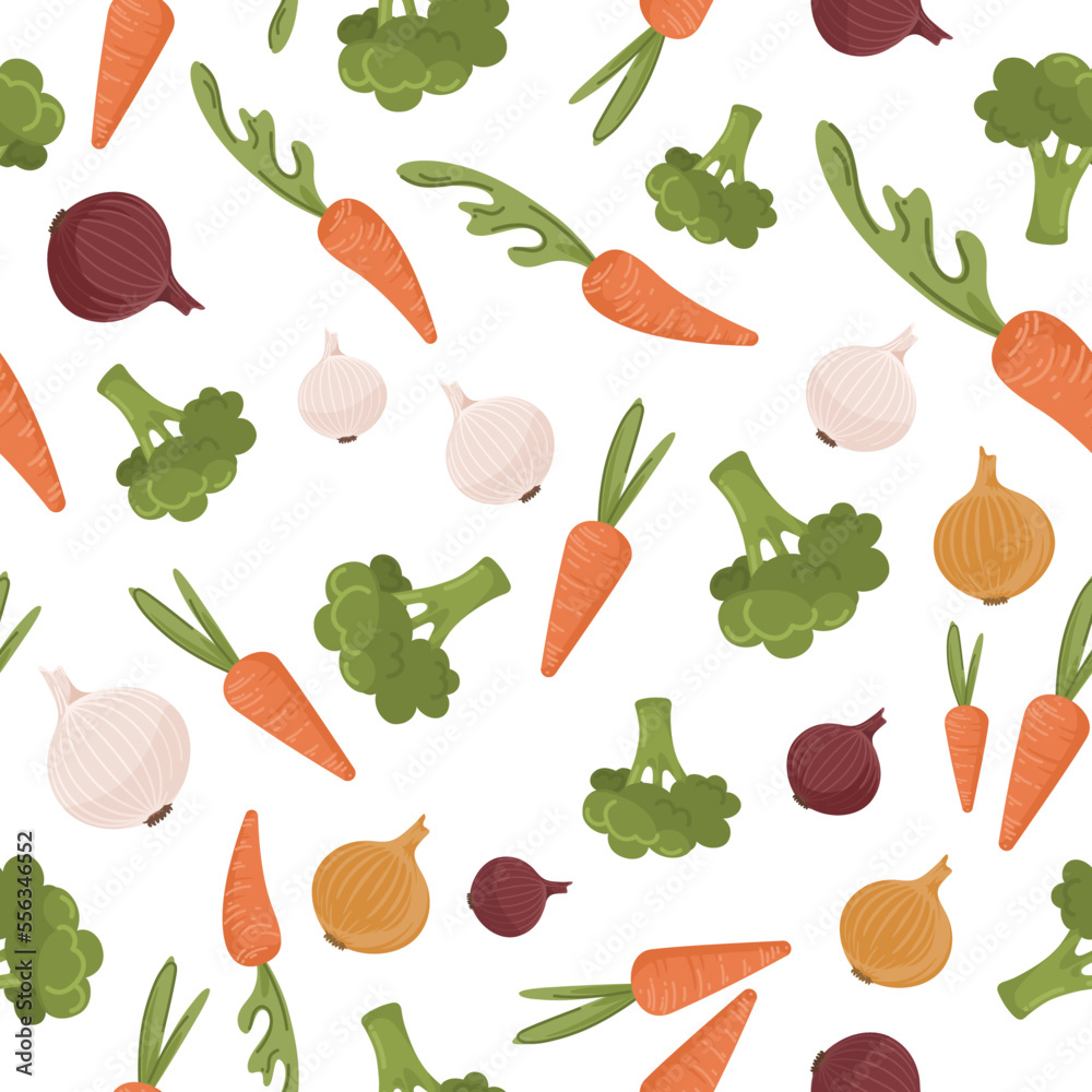 Vector seamless pattern of many small vegetable icons on white background. Bright carrots, broccoli, different varieties onion signs. Decorative art element for advertising layout, packaging design. Vector seamless pattern of many small vegetable icons on white background. Bright carrots, broccoli, different varieties onion signs. Decorative art element for advertising layout, packaging design.