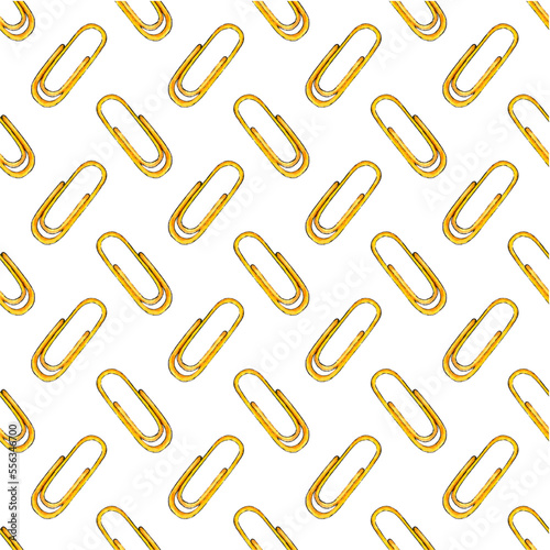 Watercolor illustration of a pattern of yellow paper clips. Collection of office tools. School supplies "Back to school". Suitable for posters, posters, postcards, holiday decor.