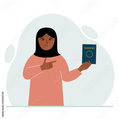 A woman holds a passport in his hand for verification. The concept of user control.