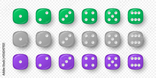 Vector 3d Realistic Green, Gray, Purple Game Dice Icon Set Closeup Isolated. Game Cubes for Gambling, Casino Dices From One to Six Dots, Round Edges