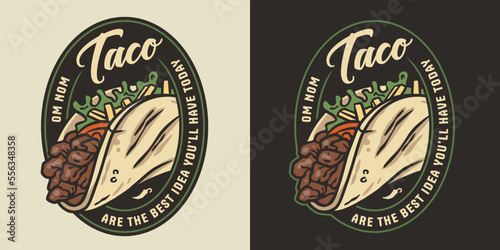 Mexican taco vector food with meat and vegetable for logo or emblem. Traditional tacos Mexico food