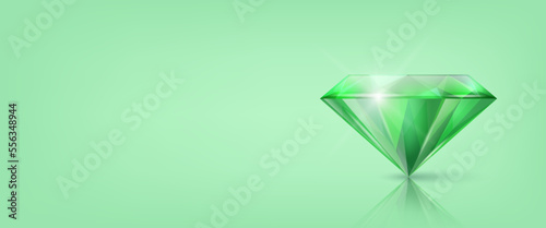 Vector Horizontal Banner with 3d Realistic Green Transparent Triangular Glowing Gemstone, Diamond, Crystal, Rhinestone Closeup on Green Background with Reflection. Jewerly Concept. Design Template