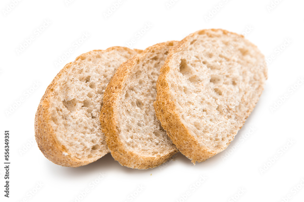 Slice of ciabatta (Italian bread) isolated on white background. Copy space.