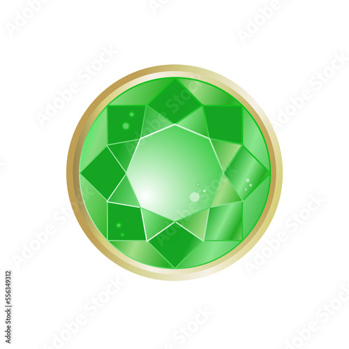 emerald, green round gemstone in gold setting - vector illustration