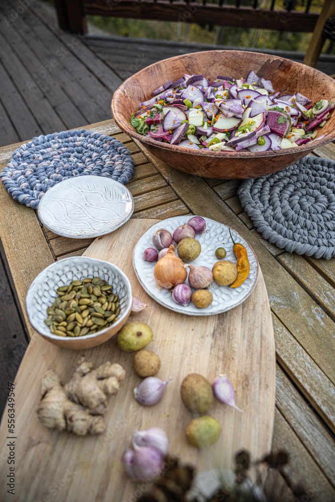 Flatlay food styling of a plate of radish salads and sides - healthy vegan lifestyle aesthetic Flatlay food styling of a plate of radish salads and sides - healthy vegan lifestyle aesthetic