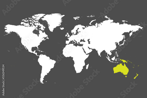 Australia continent green marked in white silhouette of World map. Simple flat vector illustration.