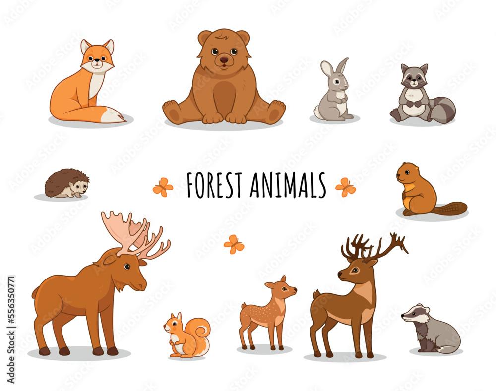 Forest animals set. Collection of graphic elements for site. Educational materials for children, biology and zoology, wildlife and fauna. Cartoon flat vector illustrations isolated on white background Forest animals set. Collection of graphic elements for site. Educational materials for children, biology and zoology, wildlife and fauna. Cartoon flat vector illustrations isolated on white background
