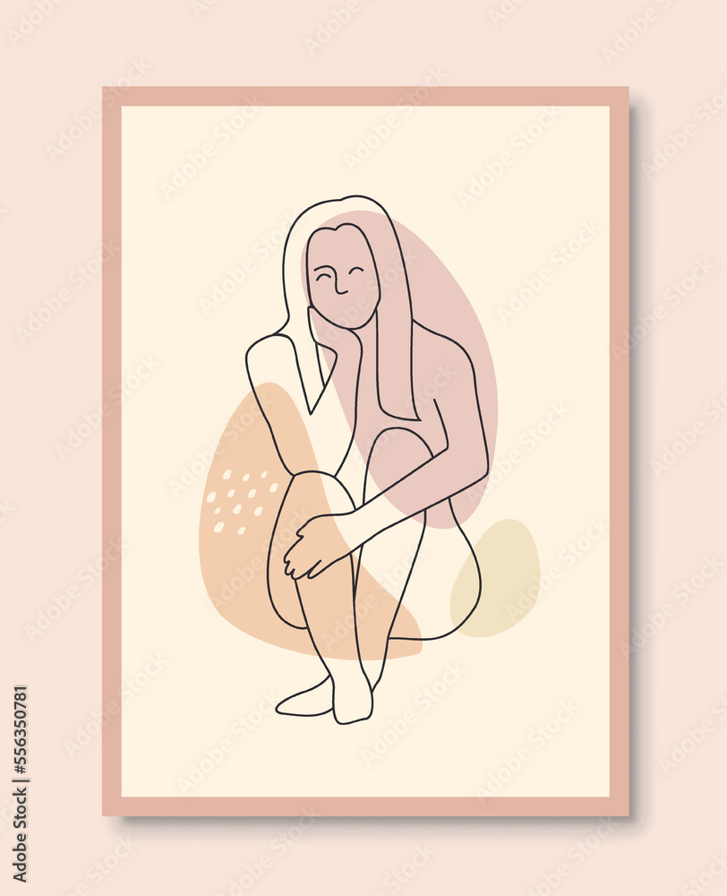 Female line poster. Aesthetics and elegance, minimalistic creativity and art. Beautiful naked woman sitting, young model for magazine. Graphic element for website. Cartoon flat vector illustration Female line poster. Aesthetics and elegance, minimalistic creativity and art. Beautiful naked woman sitting, young model for magazine. Graphic element for website. Cartoon flat vector illustration