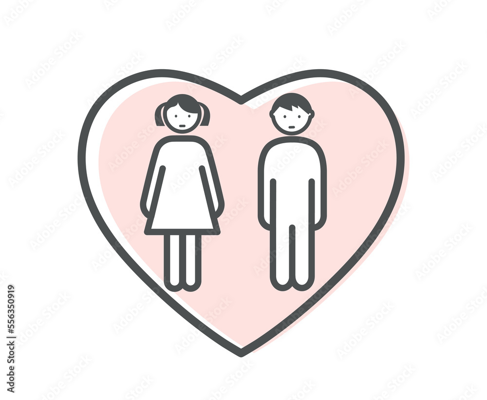Color adopted kids icon. Boy and girl stand in heart silhouette, son and daughter. Sticker for social networks and messengers. Minimalistic creativity and art. Cartoon flat vector illustration Color adopted kids icon. Boy and girl stand in heart silhouette, son and daughter. Sticker for social networks and messengers. Minimalistic creativity and art. Cartoon flat vector illustration