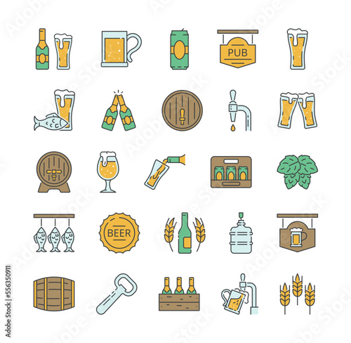 Color brewery icons set. Collection of graphic elements for website. Beer and alcoholic drinks. Barrel, bottle and glasses, hops. Cartoon flat vector illustrations isolated on white background