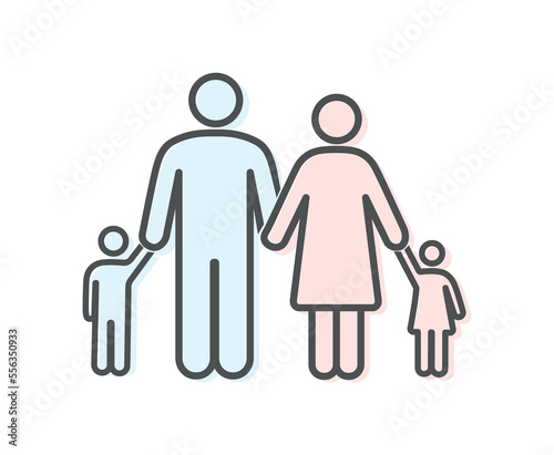 Color adoption family icon. Man and woman hold hands of boy and girl. Interface for programs and applications. Parenthood and childhood, parents with son and daughter. Cartoon flat vector illustration