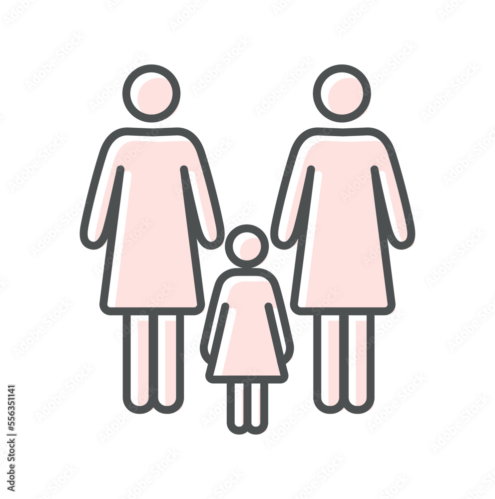 Color adoption lesbian family icon. Two mothers with daughter. Graphic element for website, interface for programs and applications. Charity, care and kindness. Cartoon flat vector illustration Color adoption lesbian family icon. Two mothers with daughter. Graphic element for website, interface for programs and applications. Charity, care and kindness. Cartoon flat vector illustration