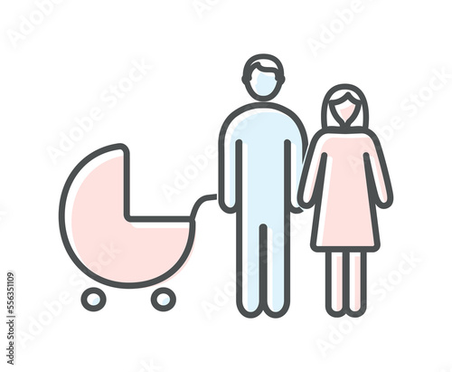 Color adoption family icon. Man and woman stand with stroller on street. Logotype for company or organization, branding. Charity and kindness, support and care. Cartoon flat vector illustration