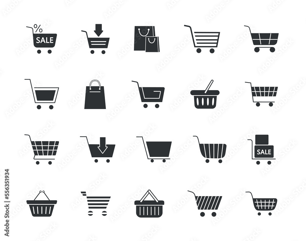 Black basket icons set. Interface for programs and applications, UI and UX design. Marketing and online shopping, home delivery. Cartoon flat vector illustrations isolated on white background