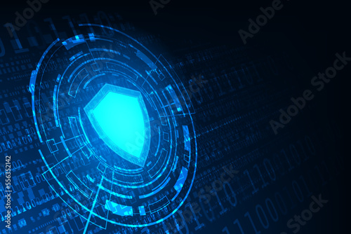 Vector Hi tech technology background. Cyber security concept. Protect data. Shield on circuit board.