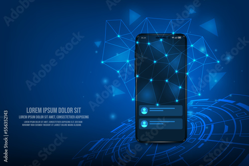 Vector smartphone mockup witch messege bubble and icon. Communication and social media concept. Technology connecting abstract background. photo