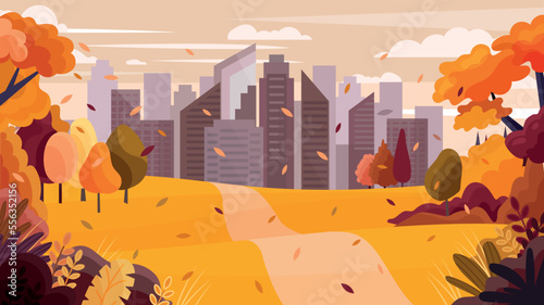 Autumn park on city. Graphic element for website, lot of things and road. Red and orange leaves falling, path. Poster or banner, cover. Panoramic outdoor landscape. Cartoon flat vector illustration