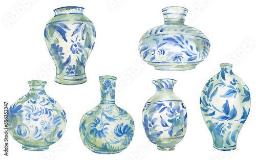 Set of watercolor blue porcelain Chinese vase isolated on white