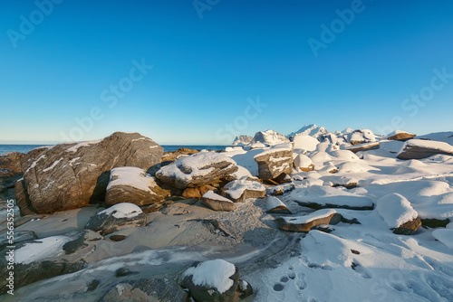 Marwelous winter scenery on Storsandnes beach in the morning. photo