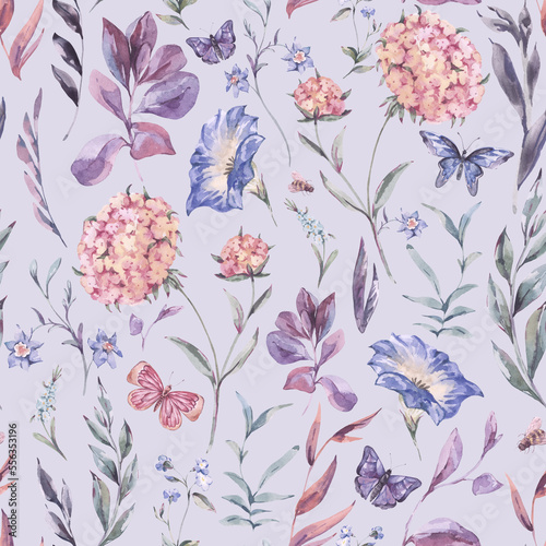 Watercolor botanical wildflowers seamless pattern  natural texture