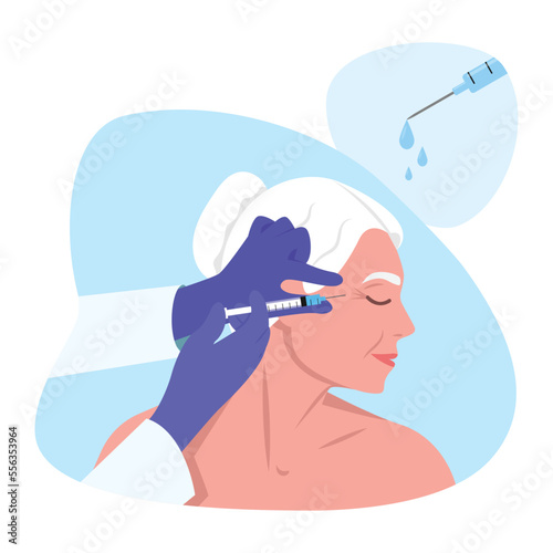 Vector illustration of injections. Cartoon scene with a woman who is given an injection with anti-aging liquid on white background.