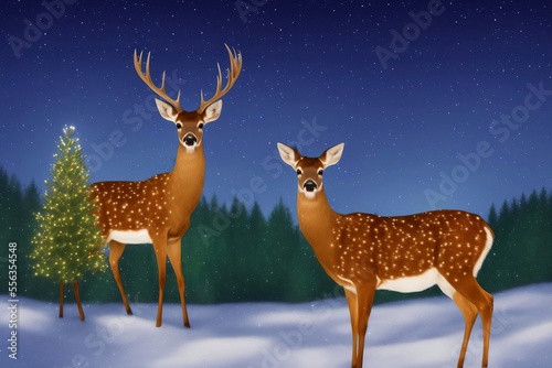 AI-generated digital illustration of deer in the snow, amid the pines, at night