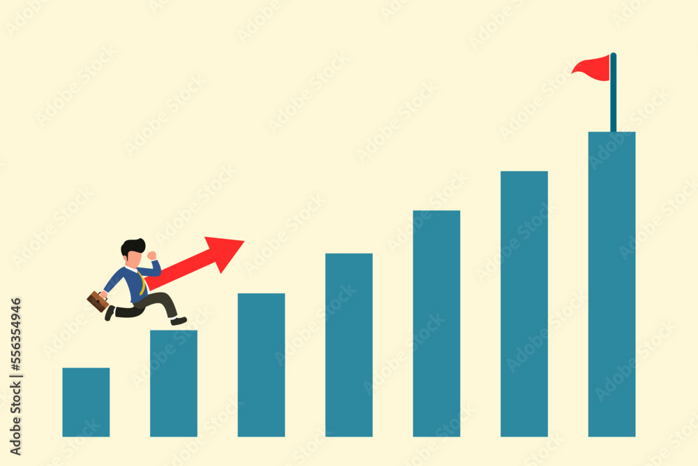 Businessman climbing up the bar graph go to success. Ascending to the top of the success concept. Vector illustration Businessman climbing up the bar graph go to success. Ascending to the top of the success concept. Vector illustration