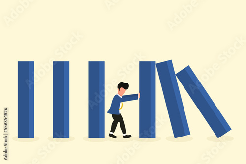 Businessman stopping falling domino. A risky business and a leader who is committed to keeping the business from failing. Business Concept. Vector illustration