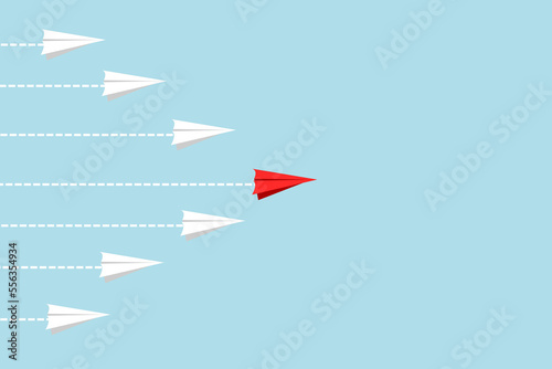 The concept of leadership may have to be different. Red and white paper airplane path on light blue background.