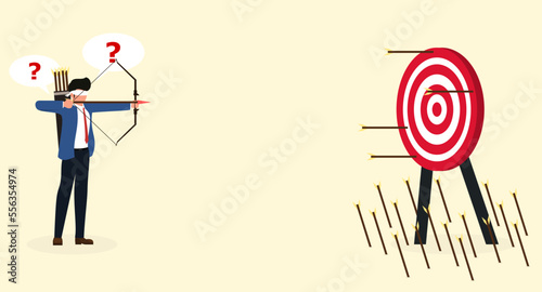 Blindfolded Businessman aiming the target. Miss the goal of success. Wrong business goals, wrong goals, conceptualization, wrong strategies and failure metaphor. Vector illustration