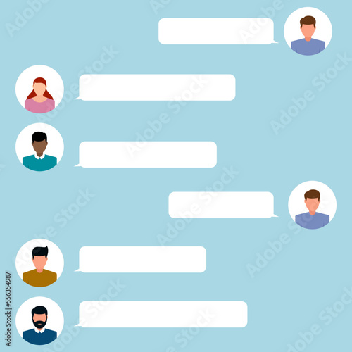 Online messages chatting with a group of people. Long-distance communication with a simple online chatting method. Social distancing concept. Vector illustration in flat style